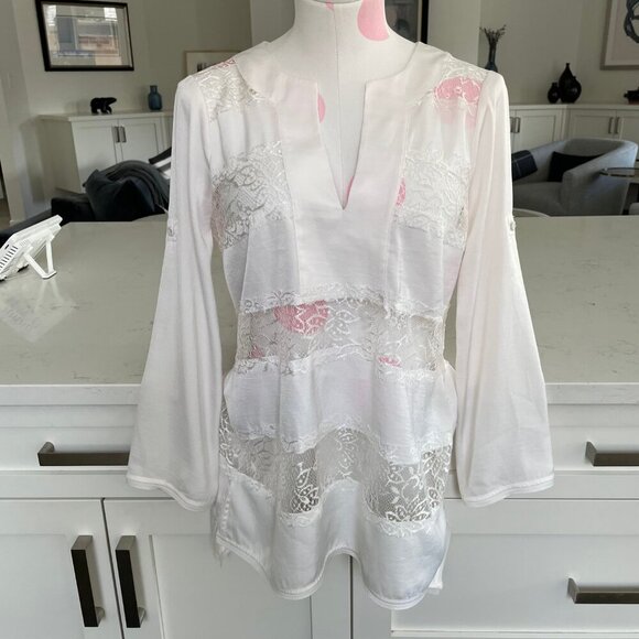 BCBGMaxAzria Erid Gardenia VNeck Lace Cover Up Adjustable Sleeve Cream Sz XS - Picture 16 of 16